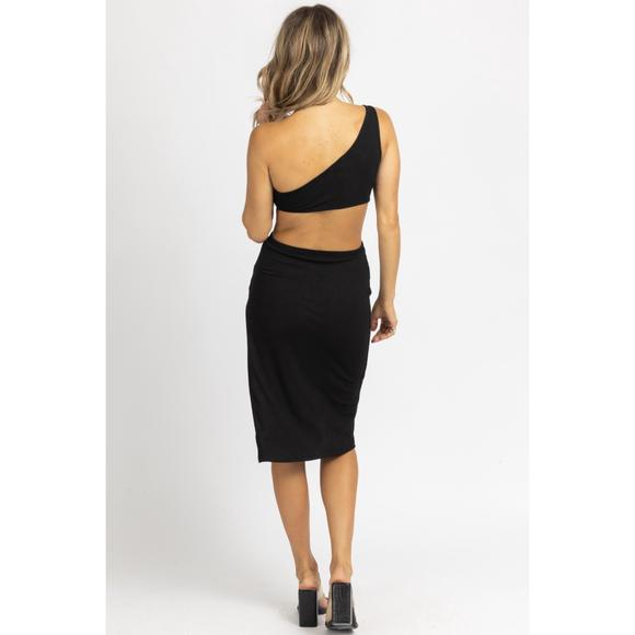 NEW CRESCENT front knot asymmetric midi dress in black - Picture 5 of 5